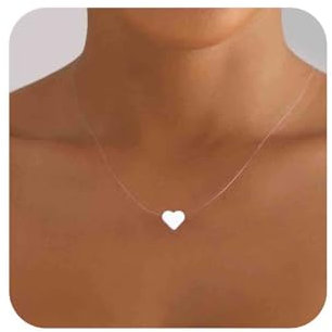 Aneneiceera Vintage Herz Anhänger Halskette Silber Liebe Herz Choker Halskette Transparent Unsichtbare Kette Halskette Angelschnur Halskette Kette Schmuck Für Frauen (Herz)