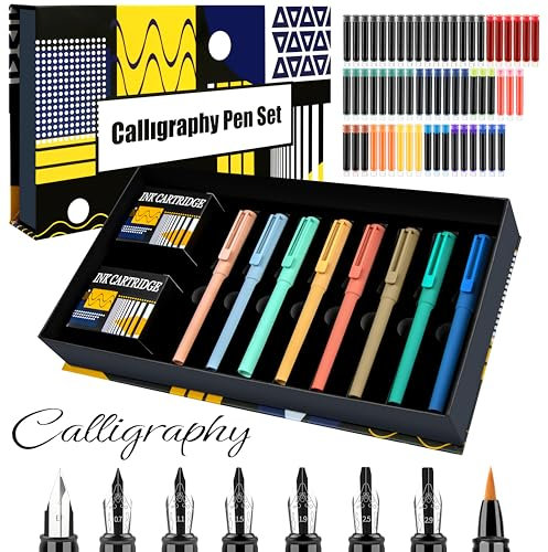 JiaoJiRen Calligraphy Set Fountain Pens with 8 Different Size Nibs and 60 Ink Cartridges(12 Colors),Calligraphy Pen Set for Beginner Writing Drawing Practice