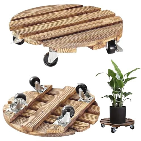Ansodo 2 Pack 30CM/12Inch Plant Caddy, 360° Lockable Heavy Duty Caster Wheels Wood Round Plant Stands, for Indoor and Outdoor Mobile Garden Decoration, Large Potted Trees, Vases, Small Potted Plants