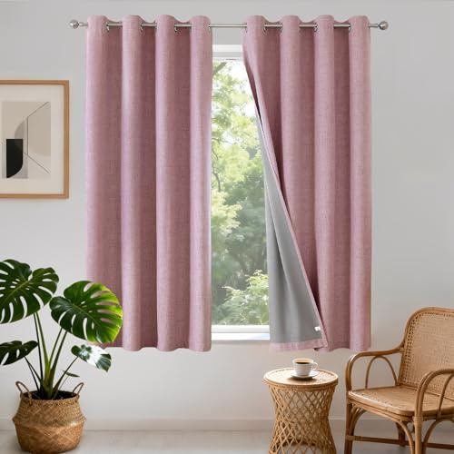 Joydeco 100% Rideau Occultant Thermique Isolant Anti Froid et Chaleur 106x158cm 2 Pièces, Rideaux Opaques Effet Lin à Oeillets Anti UV Anti Bruit, Decoration Chambre Maison Salon - Rose
