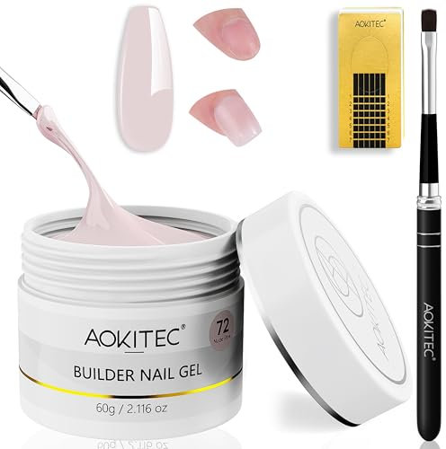 Aokitec Builders Gel- 60g U V Hard Gel with 100pcs Nail Forms & Brush for Nails Extension & Strengthen & Repair, Pros Manicure Starter Set, Nude Pink