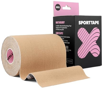 SPORTTAPE Kinesiologie Tape Gentle - 10 cm x 5 m - Hautfarben/Beige | Extra breit für empfindliche Haut, hypoallergen & latexfrei – Physio Tape für Rücken, Brust, FTM & Muskelunterstützung