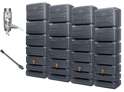 4rain Slim Wood Decor Wandtank-Set 1400 Liter Graphite Grey - Regentonne, Regenfass, Wassertank, Regenwassertonne, Wasserfass, Regenwassertank, Wassertonnen für Garten, Wassertonne, Fass