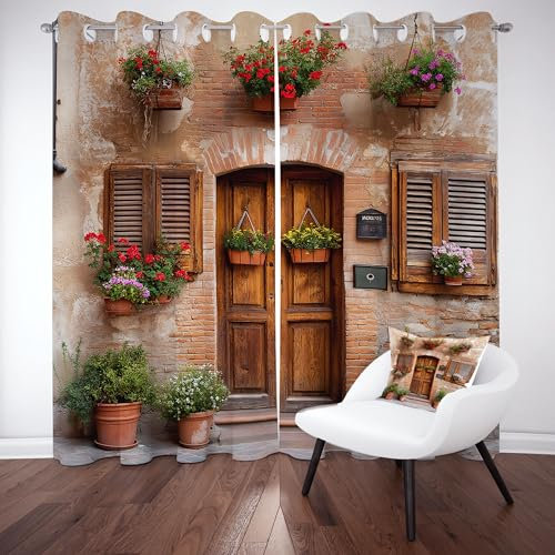 Italien Toskana Verdunkelungsvorhange 2er Set, Mediterrane Dorf Scenery Vorhänge Wohnzimmer 137x117 cm Stadt Landschaft Gardine Blickdicht Kälteschutz mit Ösen Schlafzimmer Fensterdekoration