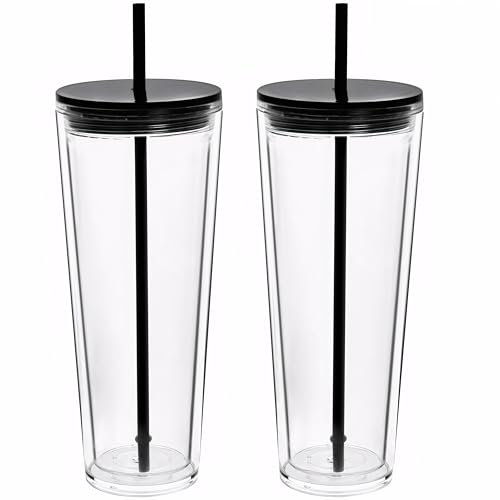 Yisituo 2 Pack 710ml Iced Coffee Cup, Plastic Tumbler with Straw and Lid, Reusable Double Wall Water and Cold Cups (2, Black)