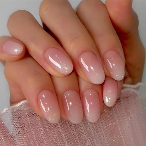 False Nails – 24PCS Press on Nails Short – Almond Pink White Gradient Fake Nails – Oval Short Stick on Nail – Glossy Full Coverage, Includes Tool for Easy Nail Art – Perfect Nail Art for Women