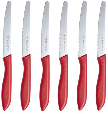 Ruffulon Couteaux de Table rouge en 6 Pièces,Couteaux à Steak avec Bord Dentelé,Set de Couteaux à Tomates,Set Couteaux de Cuisine avec Manche Ergonomique pour Steak, Pain, Légumes