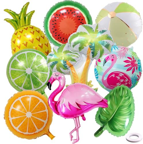 GWAWG 9Pcs Tropical Hawaiian Party Balloons, Flamingo, Pineapple, Coconut Tree, Monstera Leaf Mylar Foil Balloons for Luau, Summer, Birthday, Beach, Pool Decorations, Aloha Party Decor