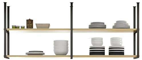 Bois rustique en bois et fer de cuisine suspendus étagère de cuisine Pot mural et casquette de casserole avec support de plante et porte-vin Organisateur de stockage vintage pour cuisine et bar