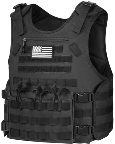 GENILU Outdoor Vest with Zipper Bag Adjustable Quick Release Molle Vest with Three Removable Mag Pouches Outdoor Vest Black