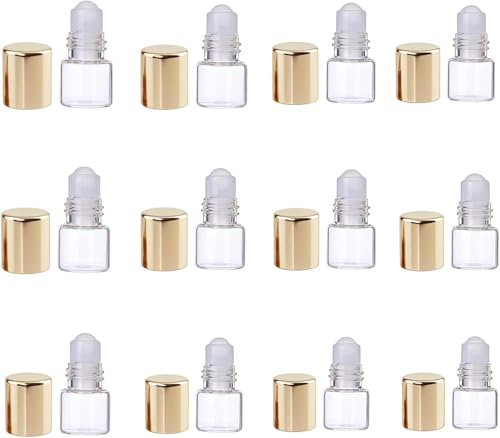 Opemg 12 Pcs Gold 1ml Mini Glass Roll on Bottles Roller Refillable Essential Oil Aromatherapy Sample Vials Roller Bottles Container