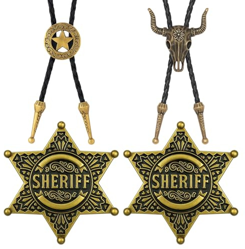 4 Stück Cowboy, Cowboy Hemd Herren, Bolo-Krawatte, Leder Krawatte Cowboy Kuh SchäDel, Western Cowboykrawatte Und Sheriff-Stern, Lariat Halskette Schwarz Leder Rodeo AnhäNger FüR Damen Und Herren