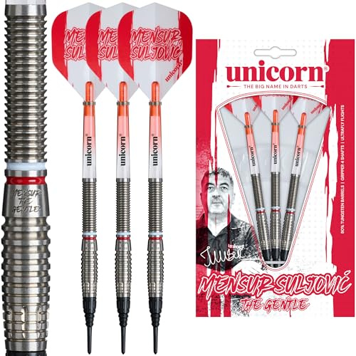 Unicorn | Mensur Suljović | 80% Tungsten Torpedo-Fässer mit Österreichischen Rot & Weißen Ringen | Soft Tip Dartpfeile Set | Haltbare Atemberaubende Ultrafly Big Wing Flights | Epic Points | 18g oder