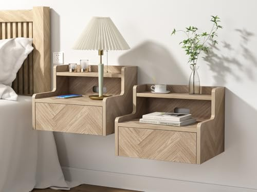 Nachttisch Hängend 2er Set Holz Wandregal mit Schubladen, Fischgrätmuster Nachtschrank Wandmontage Nachtkästchen Schwebend mit öffnen Regale für Schlafzimmer Wohnzimmer Badezimmer 40 x 32 x 30 cm