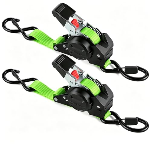 Cinghie a Cricchetto Autoavvolgenti 3m x 25mm | Set di 2 Pezzi con ganci a S, 750kg carico di rottura | Cinghie di fissaggion per moto, rimorchio, camion - Verde
