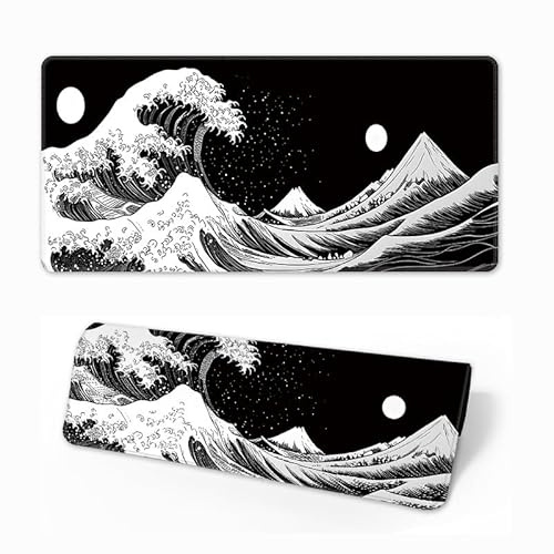 Japanese Sea Wave Gaming Mouse Pad, Anime Gaming Mousepad, Extended Kanagawa Mat Desk Mat, Large Desk pad 31.5x11.8 Inch 2mm Thick Long Non-Slip Rubber Base Mouse Pads (Black White)