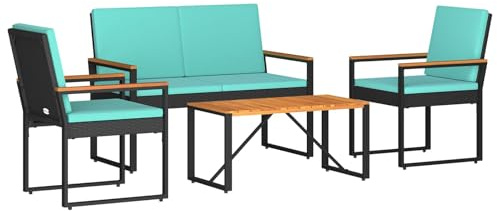 vidaXL Gartenmöbel Set mit Kissen 4 pcs Schwarz und Türkis Poly-Rattan, Stylische, rechteckige, wetterfeste Gartenmöbel, Patio-Set, Akazienholz, perfekt für draußen