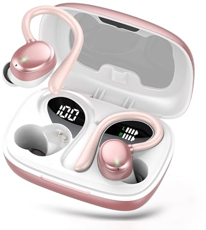 Bluetooth Kopfhörer Sport, Kopfhörer Kabellos Bluetooth 5.3 mit HD Mic, In Ear Kopfhörer mit 4 ENC Klarer Mic, 72 Std Kabellose Kopfhörer mit Tiefer Bass, IPX7 Wasserdicht Ohrhörer mit Ohrhaken, Rose