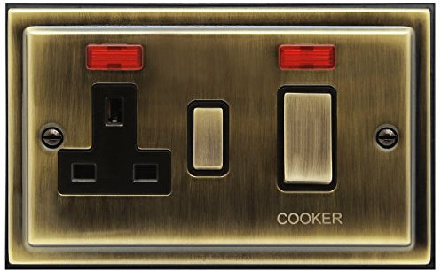 Brush Antique Brass 45A Cooker Control Switch Unit with 13amp Socket Neon Indicators BE331 KME