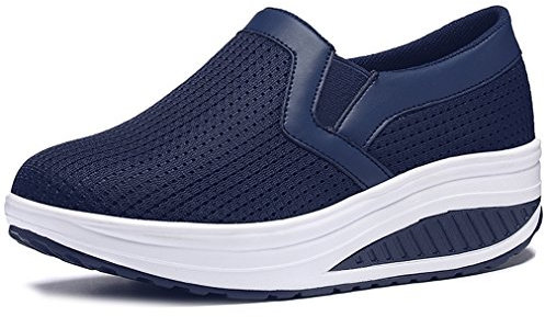 Solshine Damen Mesh Leichte Slip On Plateau Sportliche Walkingschuhe P218 Dunkelblau 38EU