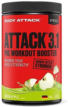 Body Attack PRE WORKOUT BOOSTER – Green Apple, 600 g - Hochdosierter Pump Booster mit Koffein, L-Arginin, Taurin & Creatin - Speziell entwickelt für Bodybuilding & Muskelaufbau Training