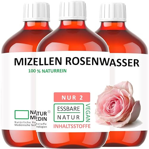 1.500-ml (3 x 500-ml) ESSBARES MIZELLEN ROSENWASSER 100% Naturrein Essbares Mizellenwasser, Gesichtswasser, Gesichtsreinigungswasser NATURMEDIN®