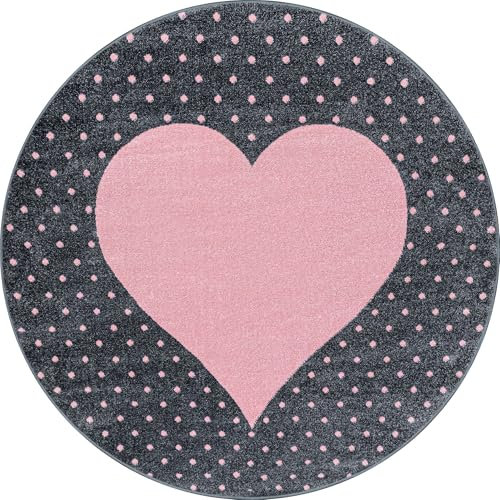 Carpetsale24 Kinderteppich liebevolles Herzmuster Pink und Grau 160 cm Rund - Kurzflor Teppich Kinderzimmer für Jungen und Mädchen Pflegeleicht Weich - Waschbar Spielteppich Babyzimmer Babyteppich