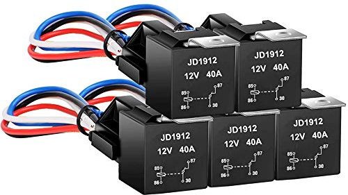 Gebildet JD1912 Car Relay Harness 12V 40A 4 Pin SPST Harness Sockets with Color-labeled Wires for Automotive Truck Van Motorcycle Boat (Pack of 5)