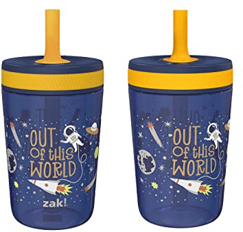 Zak Designs Kelso 15oz Tumbler Set, (Space), BPA-Free Screw-on Lid, Leakproof, with Straw Made of Durable Plastic and Silicone, Perfect Pack for Kids (2 Piece Set)
