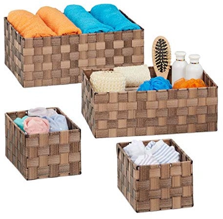 Relaxdays Aufbewahrungskorb 4er Set, geflochten, Körbchen Badezimmer, eckig, 3 Größen, Kunststoff, Flechtkorb, braun