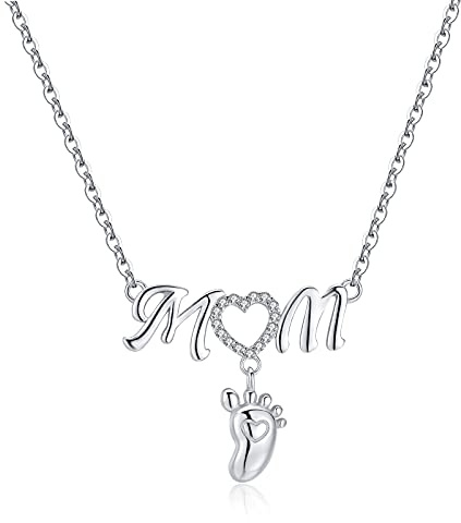 Qings Mama Tochter Kette Sterling Silber 925 Mutter Mom Halskette mit Babyfuß Anhänger Mutter und Kind Herz Kette Muttertag Geschenk für Frau Freundin Mutte Kinder