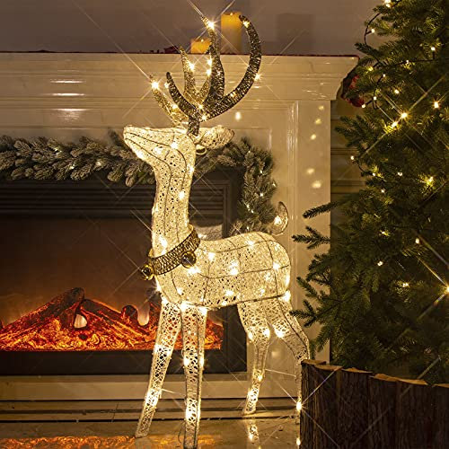 DELICHTER LED Rentier Metall Gold Weiß Eisen Rahmen Beleuchtet Weihnachtshirsch warm weiß Weihnachten Deko für Innen Außen(1.2M)