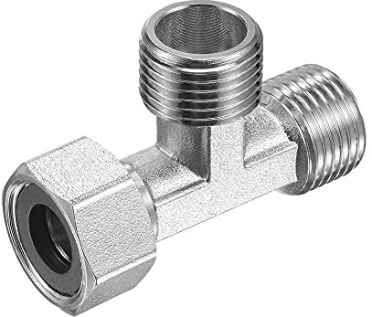 sourcing map Pipe Fitting Tee G1/2 1 Female to 2 Male Thread 3 Way T Shape Swivel Nut Hose Connector Adapter, Nickel-Plated Copper