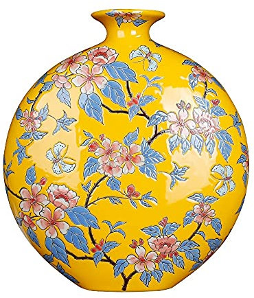 Fine Asianliving Vase Chinois Porcelaine Jaune Fleurs Peint à la Main L32xP12xH34cm Chinois Vase avec Couvercle Asiatique Jingdezhen Mandarin Décorative