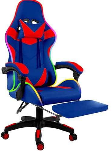 Sedia Gaming Con LED RGB e Telecomando Poltrona Ufficio Scrivania Casa PC Stile Racing Girevole Ergonomica In Ecopelle Cuscino Supporto Lombare Poggiapiedi Poggiatesta Braccioli (Blue e Rosso)