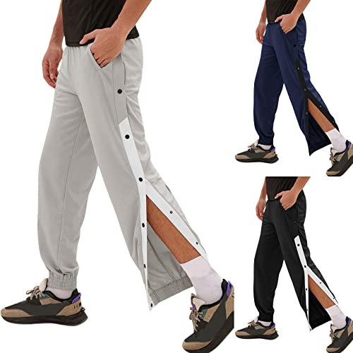 Pantaloni da uomo con bottoni, pantaloni da allenamento con strisce laterali, in vita elasticizzata, con tasche, bottoni, casual, da basket, B-3 grigio, XL