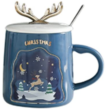 LUVYIMO Becher Weihnachtsbecher Becher Mit Decke ln Cartoon Süße Geweihe Weihnachtswasserbecher Keramikbecher (Dunkelblau)