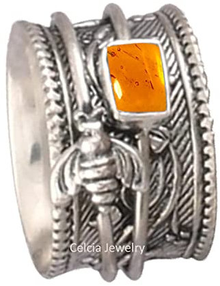 Massiver 925er Sterlingsilber-Bienenspinner-Meditationsring, natürlicher baltischer Bernstein-Edelsteinring, einzigartiger handgefertigter Ring für Frauen/Männer
