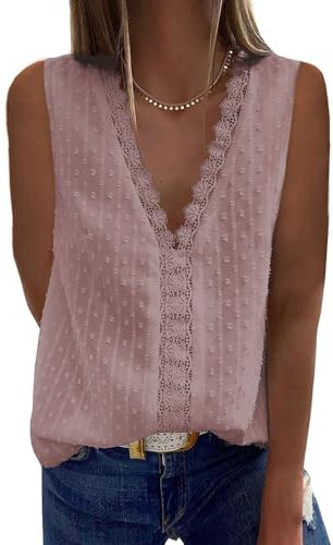 Coloody Femme Tee Shirt Dentelle Col en V, sans Manches Loisirs D'été Tunique en Jacquard en Dentelle Blouse Amples Caraco en Dentelle Gilet Tops Chemisiers à La Mode-Rose-L