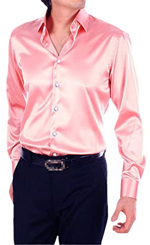 Bollrllr Chemises habillées en satin pour homme - Manches longues - Coupe ajustée - Sans plis - Chemises décontractées, rose, M