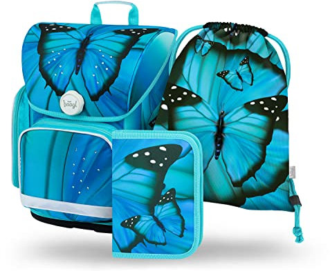 Baagl Schulranzen Mädchen Set 3 Teilig, Ergo Schultasche für 1. Klasse, Ergonomische Grundschule Ranzen Tornister mit Brustgurt (Butterfly)