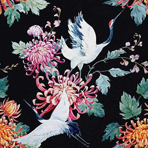 HEKO PANELS Stoff Oxford Wasserdichte Meterware Canvas-Stoff Polyester Stoff Zum Nähen Nähstoffe Dekostoffe Wasserabweisend Blickdicht Kraniche Blumen Orientalisch 1 Meter 155 x 100 cm, DX1268