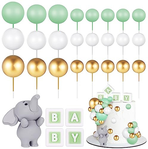 FRIUSATE 26Pcs Elephant Cake Decoration Mini Balls Cake Topper Green BABY Letter Cupcake Toppers Green Gold White Foam Balloon Pearl Ball for Baby Shower Boy Elephant Theme Birthday Party Supplies