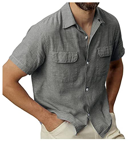 Herrenmode Casual Top Shirt Einfarbig Tasche Einreiher Shirt Baumwolle und Leinen Shirt Kurzarm Top Hemd Herren Langarm Blau