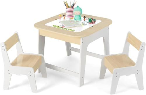 DREAMADE Kindertisch mit 2 Stühlen, Kinder Tisch Stuhl Set mit doppelseitiger Tischplatte & Stauraum, 3tlg. Kindersitzgruppe für Kinder ab 3 Jahren für Kinderzimmer Kindergärten (Natur+Weiß)