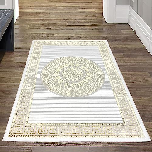 Teppich-Traum Teppich Wohnzimmer Schlafzimmer Flur Läufer lang Kurzflor orientalisch elegant Ornamente Glanzeffekt Mäander Creme Gold 100 x 200 cm