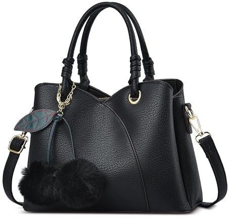 SODOLLEE Damen Handtasche Elegant Henkeltaschen Pompon Umhängetasche PU Leder Mehrere Taschen Schultertasche für Reisen Arbeiten Shopper Nero