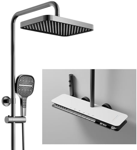 BEITH Sistema de Ducha Termostático, Moderno Lujoso 6 Funciones Columna de Ducha con Masaje Corporal, Lluvia, Cascada Cuadrado Set De Ducha con Grifo, Teclas del Piano, Pantalla Digital, Altura Fija