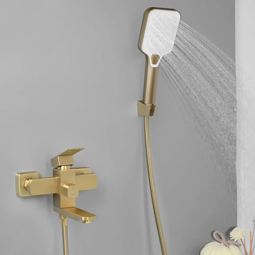 SHANFO Badewannenarmatur mit Handbrause, Armatur Badewanne Set, Wannenarmatur mit Brause, Wannenbatterie Set, Gold Gebürstet, 9Y4OK