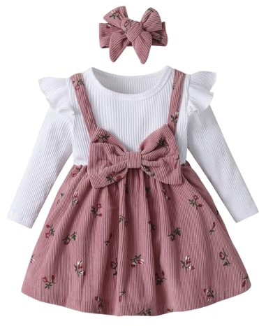 Tearfuty Baby Girl Clothes Dress Long Ruffle Sleeve Outfits Bow Tie Suspender Skirt Pink